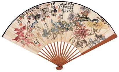 陆抑非 陈半丁 清道人 百芳图 楷书 成扇